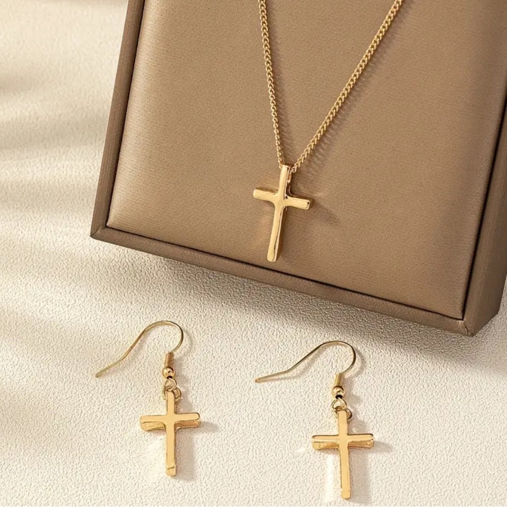 NEW Minimalistic Simple Cross Jewelry Set Gold 18k plated Earrings & Necklace